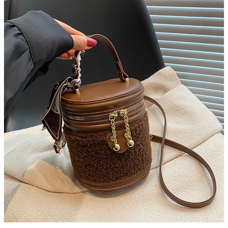 PU Bucket Crossbody Bag with Zipper and Stitching Detail - White with Coffee,White,Black,Light Brown,Coffee - One Size - Image 2