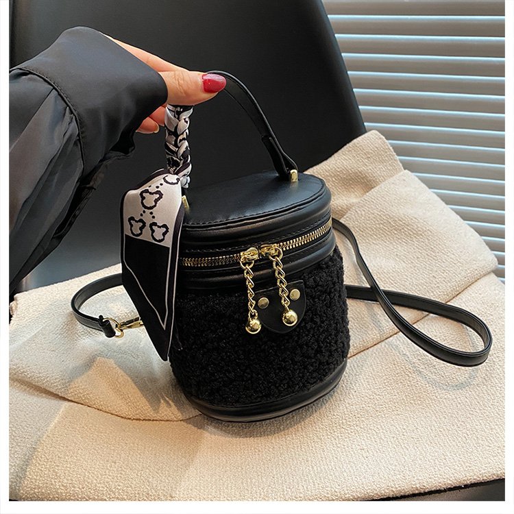 PU Bucket Crossbody Bag with Zipper and Stitching Detail - White with Coffee,White,Black,Light Brown,Coffee - One Size - Image 3