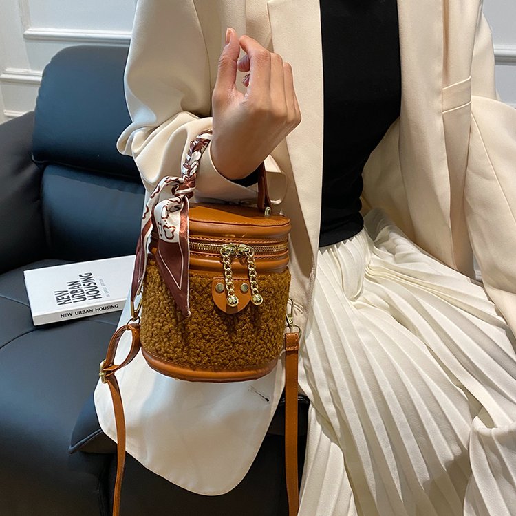 PU Bucket Crossbody Bag with Zipper and Stitching Detail - White with Coffee,White,Black,Light Brown,Coffee - One Size - Image 4