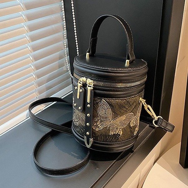 PU Bucket Crossbody Bag with Zipper and Patchwork Design