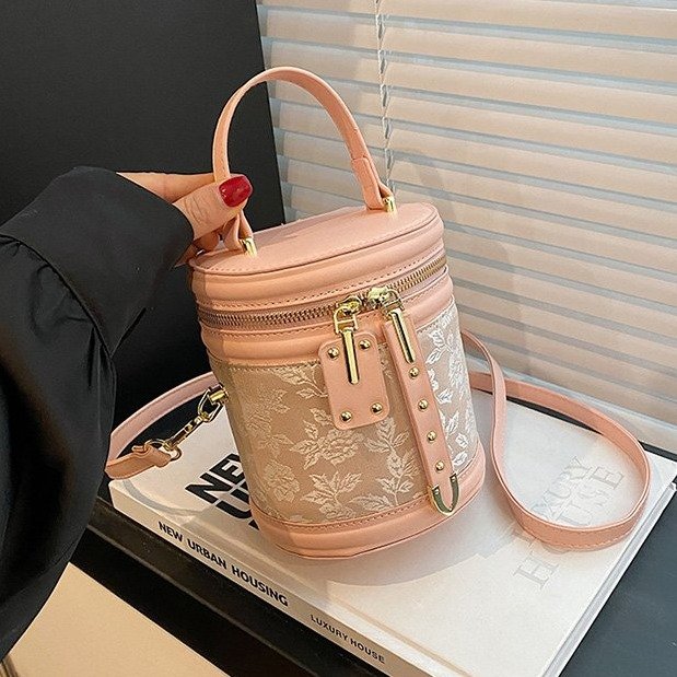 PU Bucket Crossbody Bag with Zipper and Patchwork Design - Image 2