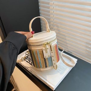 PU Bucket Shoulder Bag with Zipper and Stitching Detail - White,Khaki,Brown - One Size