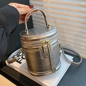 2024 Summer PU Bucket Shoulder Bag with Zipper and Stitching