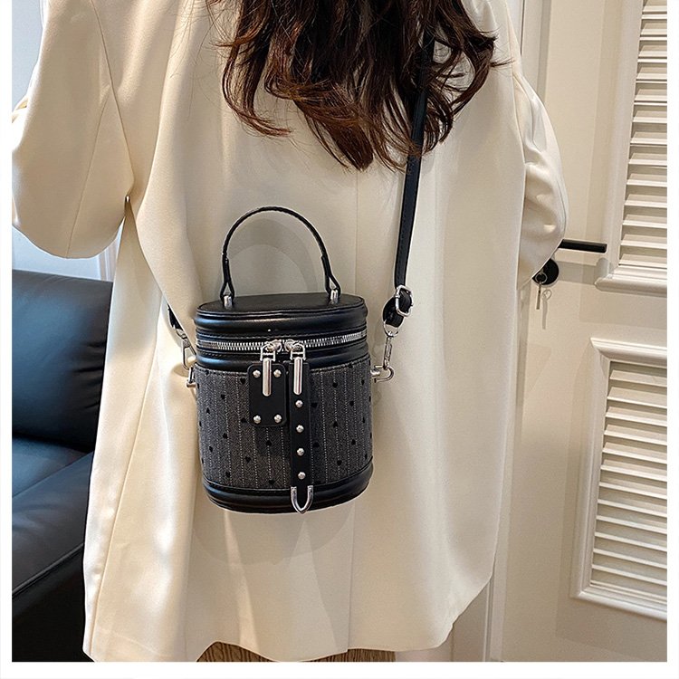 PU Bucket Shoulder Bag with Zipper and Stitching Detail - Black Plaid Flower,Black Plaid Butterfly,Black Heart,Black Butterfly - One Size - Image 3