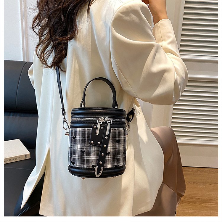 PU Bucket Shoulder Bag with Zipper and Stitching Detail - Black Plaid Flower,Black Plaid Butterfly,Black Heart,Black Butterfly - One Size - Image 2